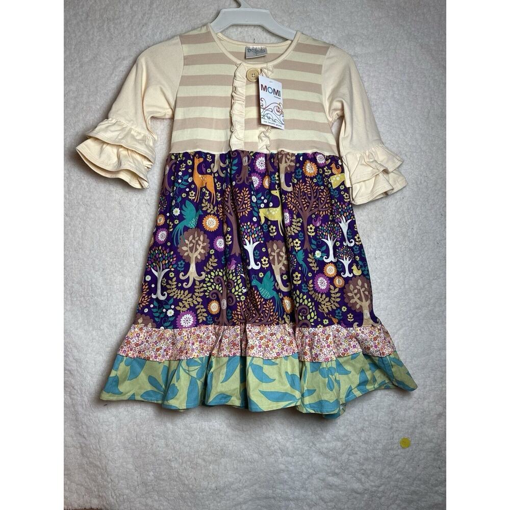 MOMI BOUTIQUE Girls Dress Sz 6‎ Cottagecore Tiered Deer Foerst
